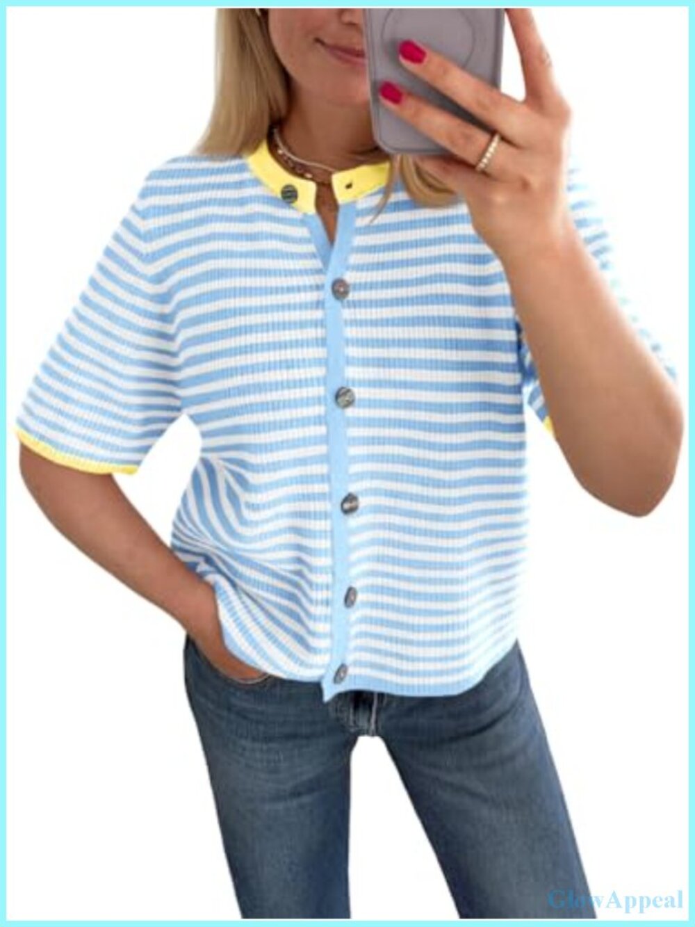 Womens Short Sleeve Cardigan Striped Button Down Knit Sweater Top